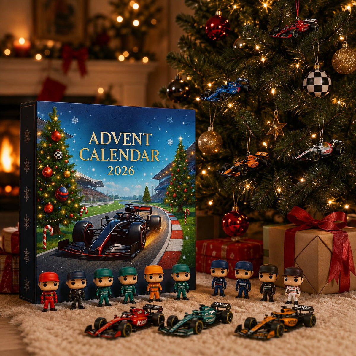 Advent calendar box standing by a lit Christmas tree and fireplace, with driver figurines and toy race cars lined up on a fluffy rug. 2
