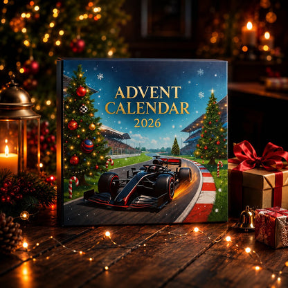 Front of the advent calendar box on a dark wooden table, surrounded by fairy lights, a lantern, pine cones and wrapped gifts. 3