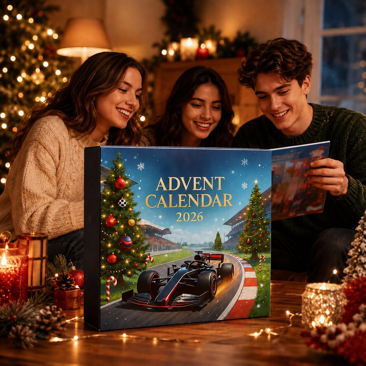 Three smiling friends gathered around the advent calendar box in a cosy room, one holding open its inner flap. 4