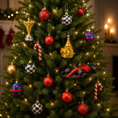 Close-up of a Christmas tree hung with motorsport ornaments: a red race car, gold trophy, golden car-and-tree figure, chequered baubles and candy canes. 5