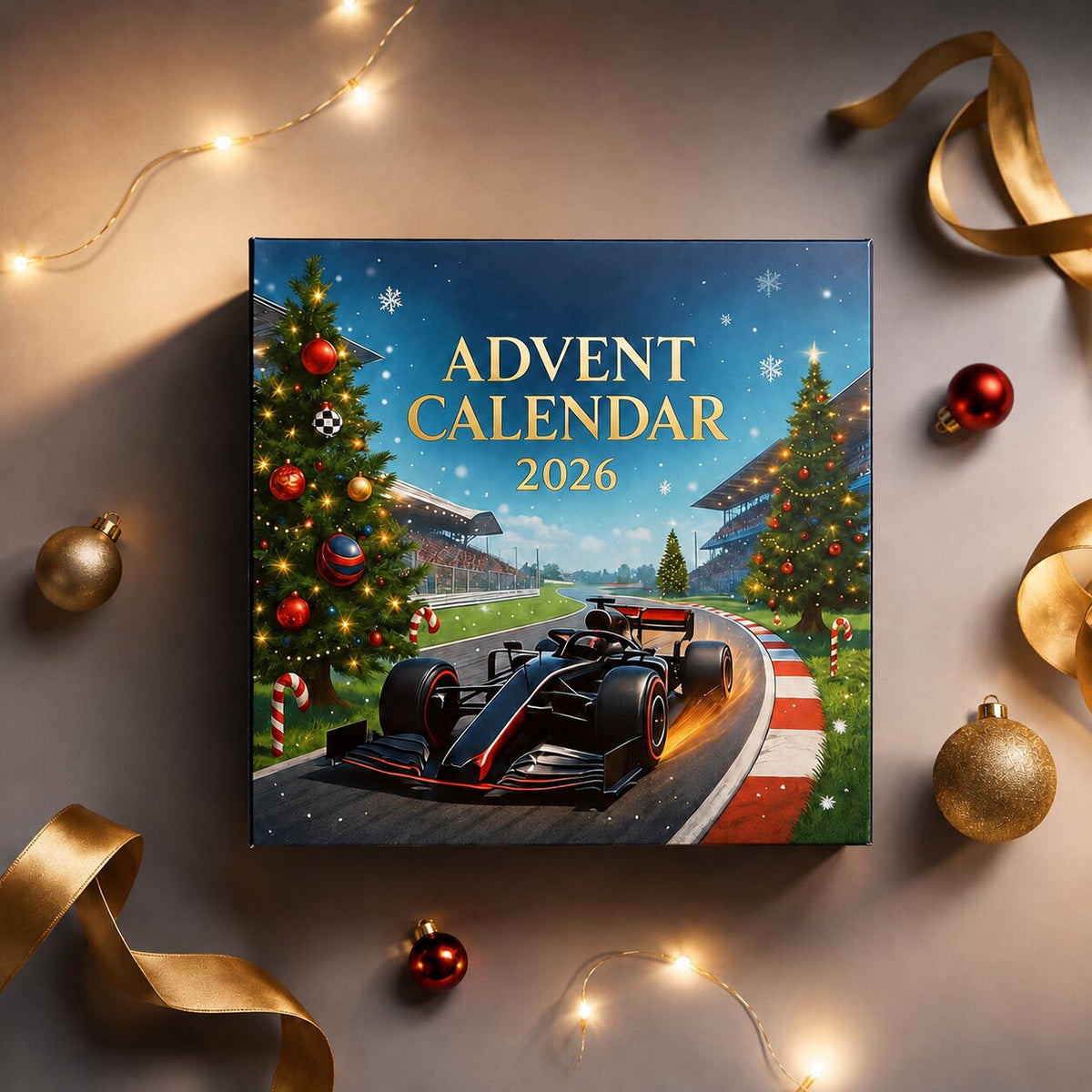 Flat lay of the advent calendar box from above, surrounded by gold ribbon, baubles and fairy lights on a soft beige background. 6