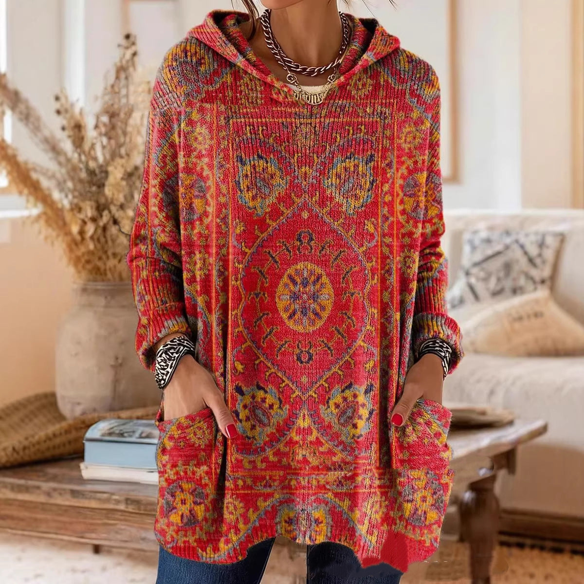 Wider shot of a model in the red hooded tunic with an ornate rug-style print, hands in the front pockets, standing in a living room. 1