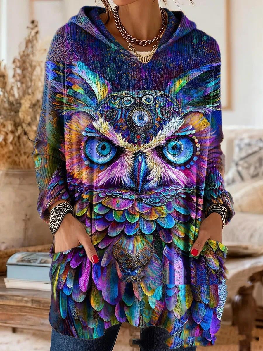 Hooded tunic with a vivid owl design in blue, purple and green, worn with hands tucked into the front pockets. 3