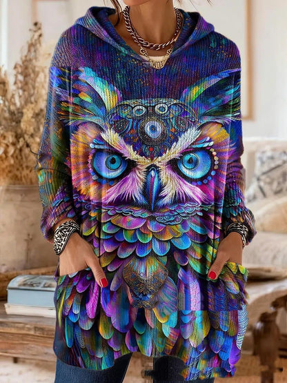 Hooded tunic with a vivid owl design in blue, purple and green, worn with hands tucked into the front pockets. 3
