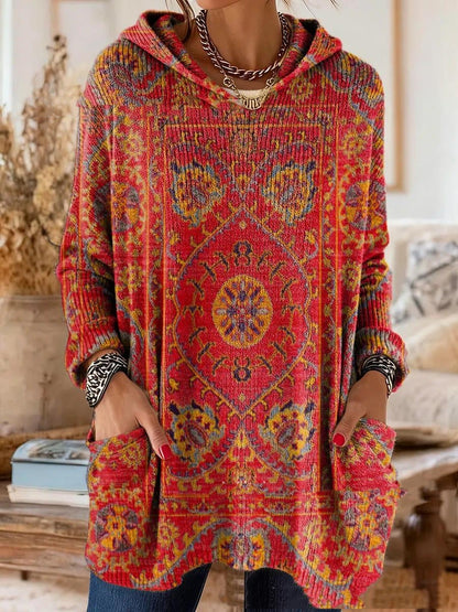 Red hooded tunic with a yellow and blue rug-style medallion print, worn by a model with hands in the pockets. 4