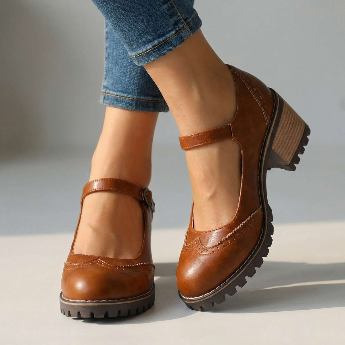 Tan-brown version worn with skinny jeans in the studio, showing the wingtip brogue perforations, thin strap and ridged rubber sole. 2