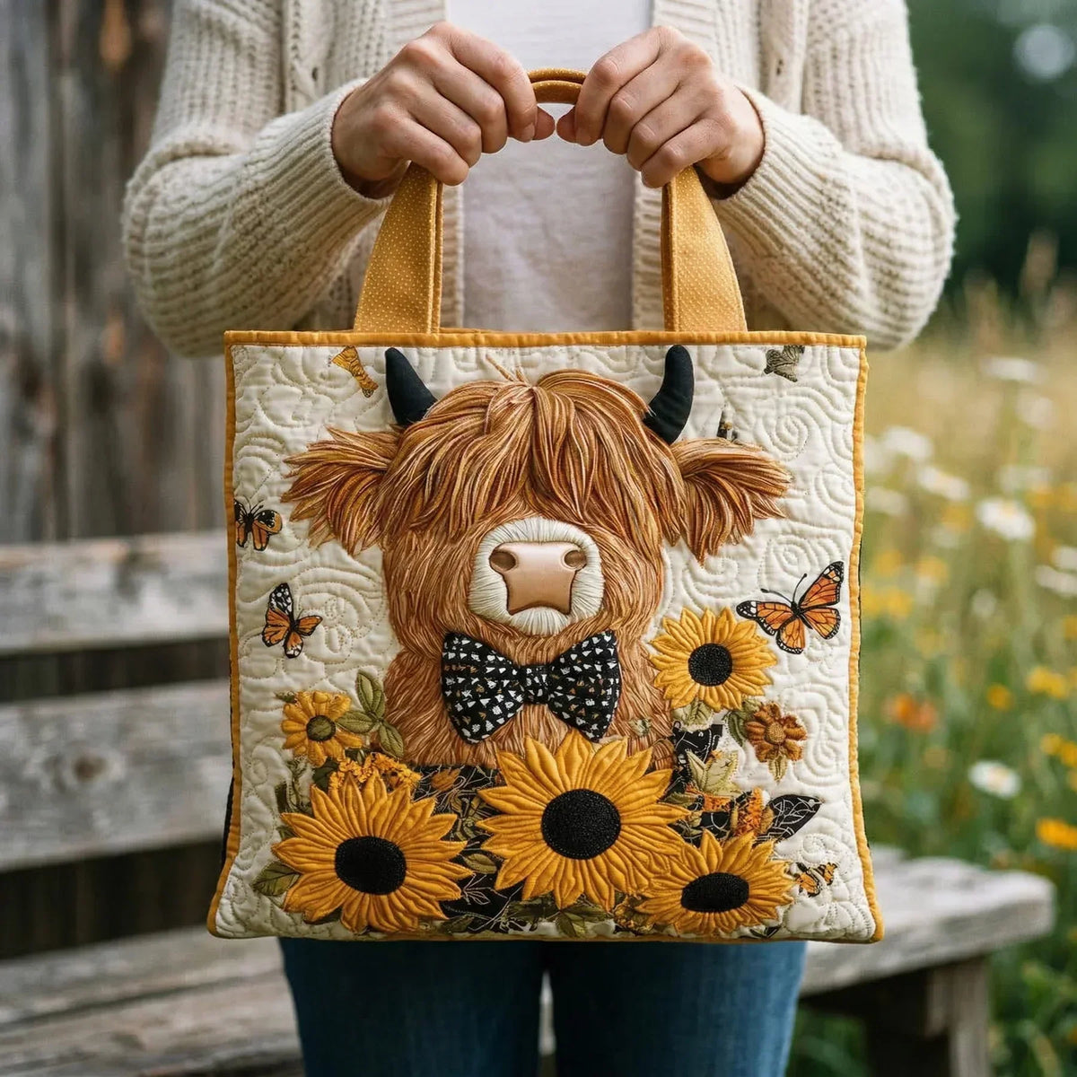 Person in a cream knitted cardigan holding the quilted tote up by its mustard handles in a sunny meadow. 2