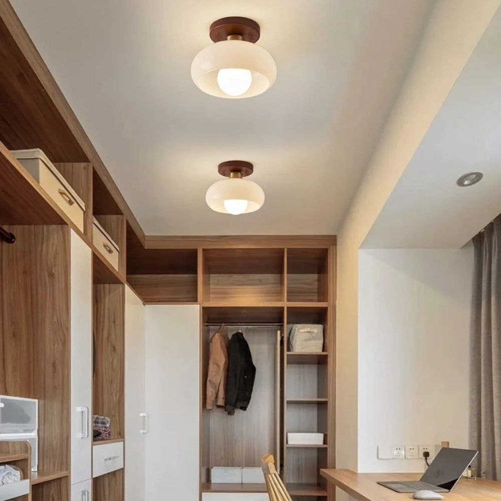 Two of the lights on the ceiling of a wooden walk-in wardrobe and study 4