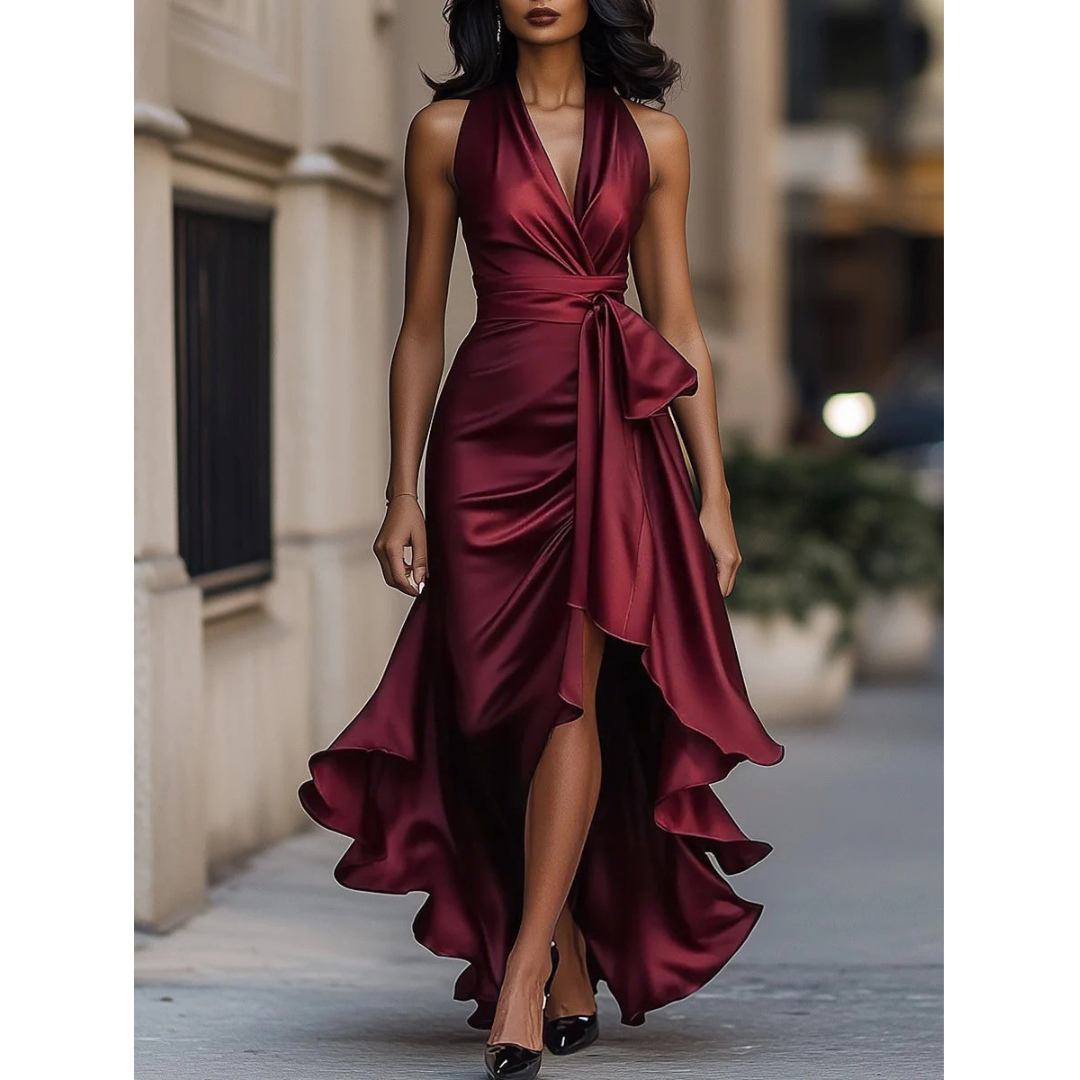 Front view on a model of the satin halter dress in burgundy, showing the tied waist and rippling ruffle hem. 2