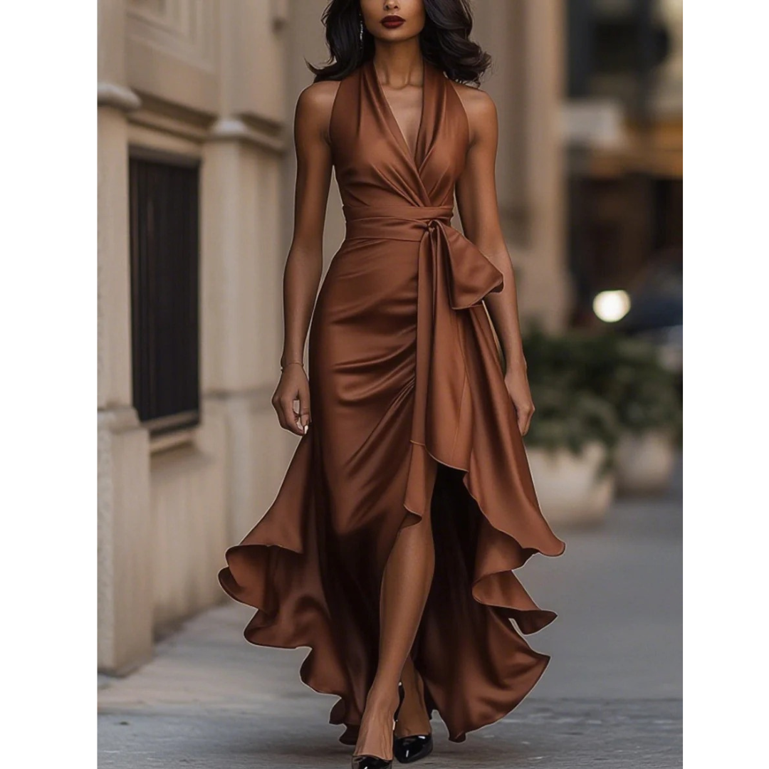 Front view on a model of the satin halter dress in rust brown, with wrapped bodice and cascading ruffle. 5