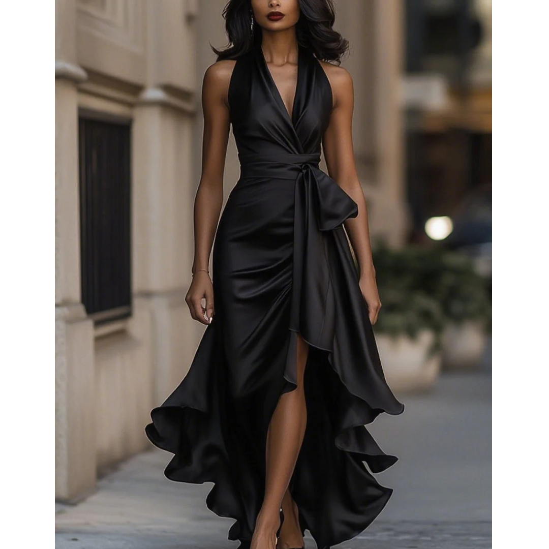 Front view on a model of the satin halter dress in black, showing the deep V neckline and layered ruffle hem. 7