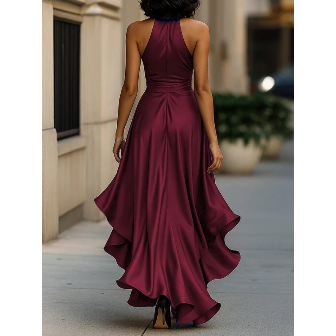 Back view on a model of the burgundy satin halter dress, showing the fitted back and swirling asymmetric ruffle hem. 9