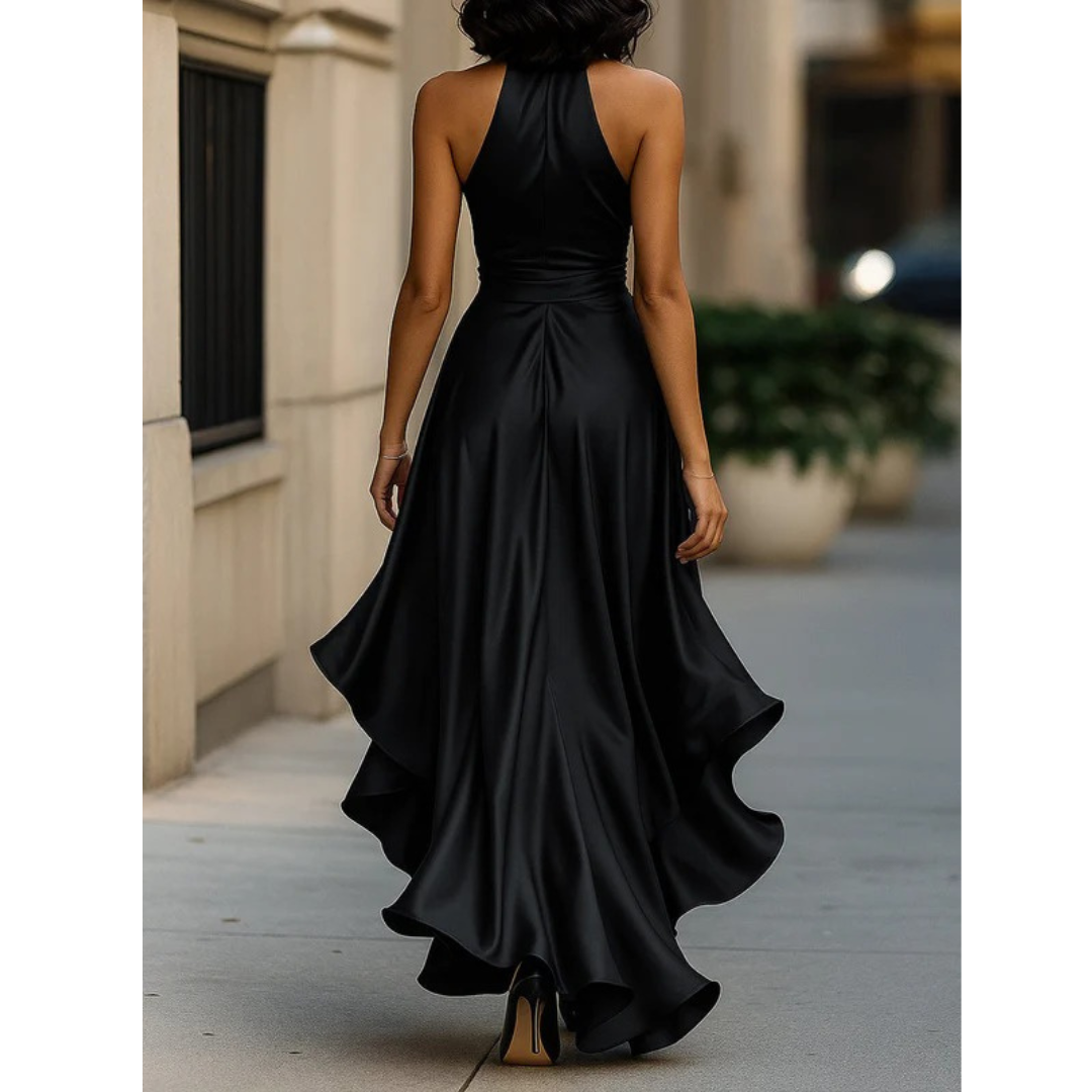 Back view on a model of the black satin halter dress, with halter back and flowing uneven ruffle hem. 12