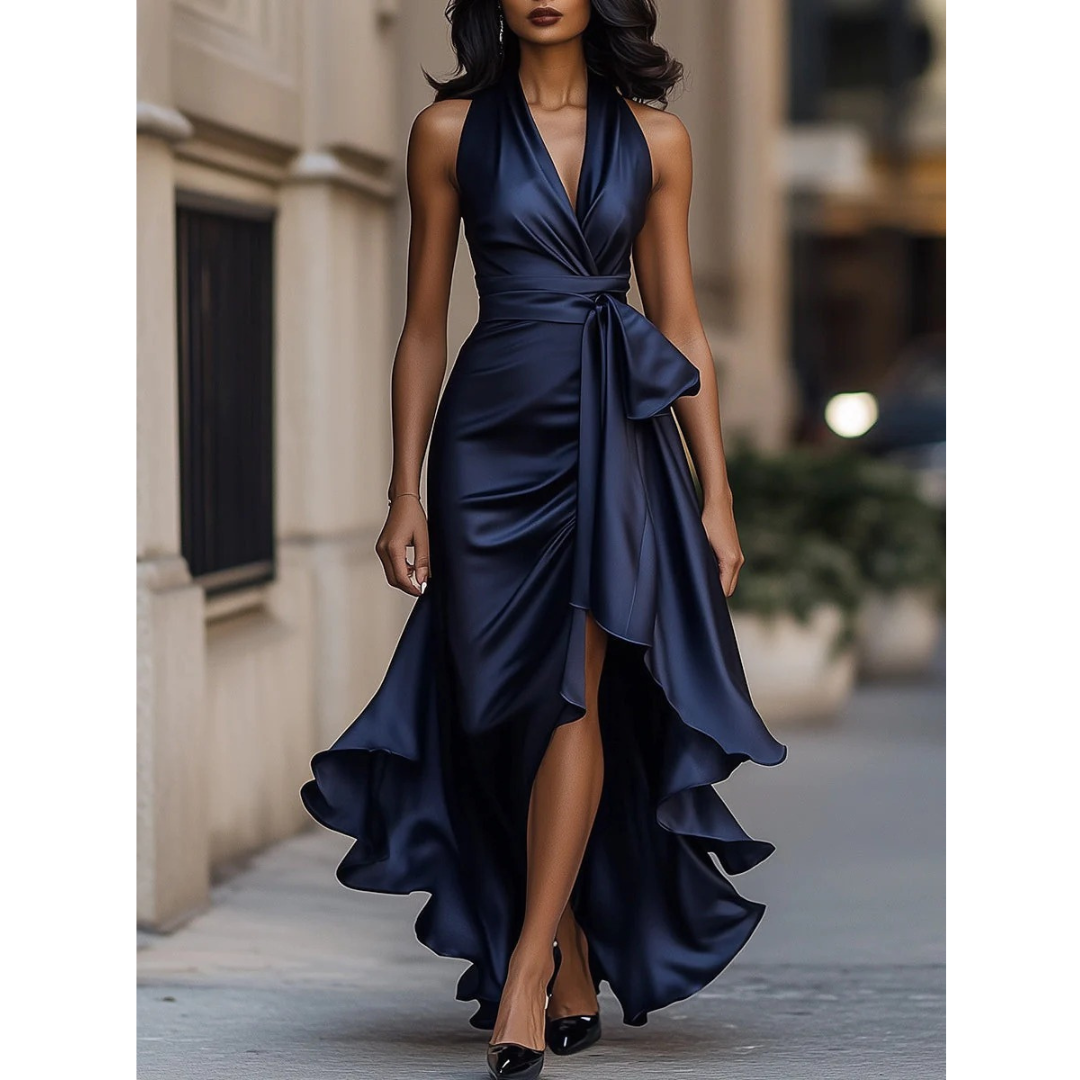 Front view on a model of the satin halter dress in navy, with draped bodice, waist bow and high split. 1