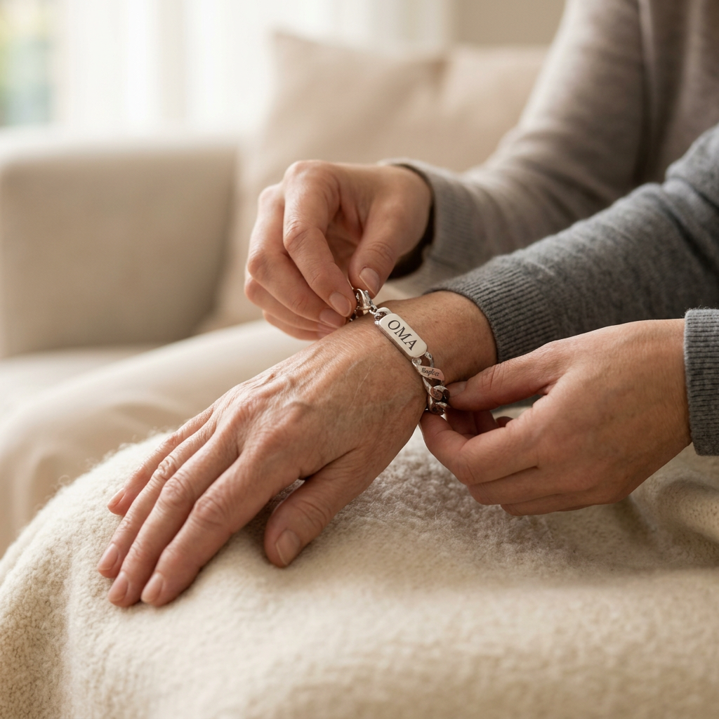 Close view of one person fastening the silver chain bracelet on an older woman's wrist, resting on a cream blanket. 3