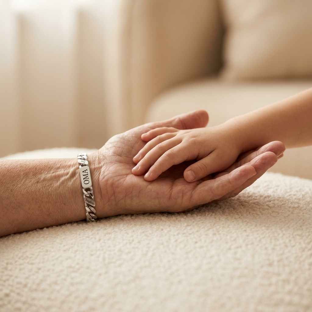 Older woman's hand wearing the silver bracelet, gently holding a child's small hand on a soft cream background. 5
