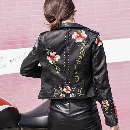 Embroidered women's faux leather biker jacket – Eleonora