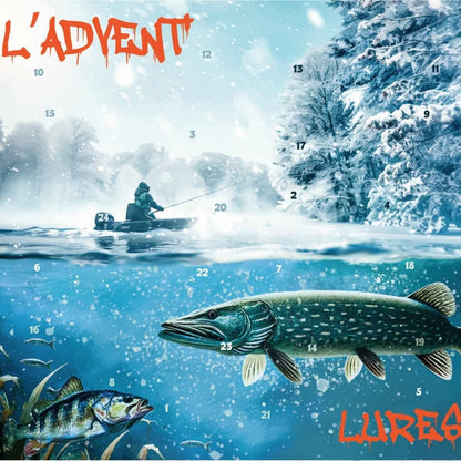 Calendar front design showing a winter lake scene with a boat angler above a pike and perch 4