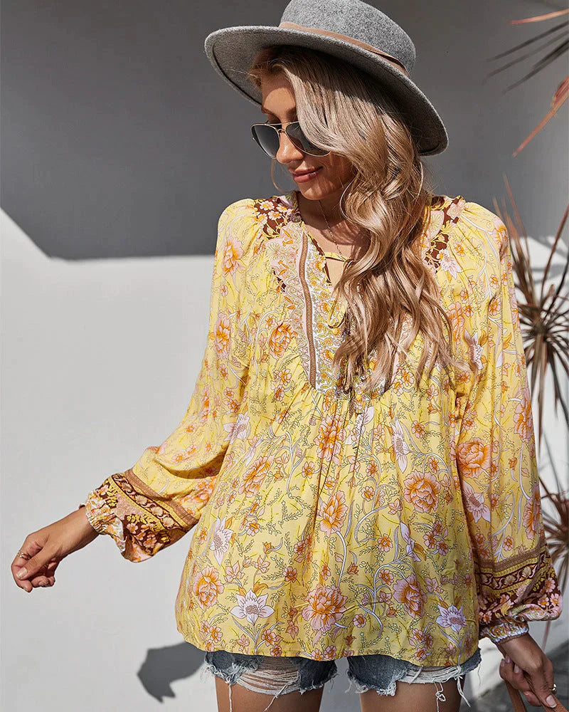 Vintage boho autumn blouse with floral print and long sleeves – Sana