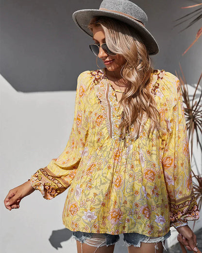 Vintage boho autumn blouse with floral print and long sleeves – Sana