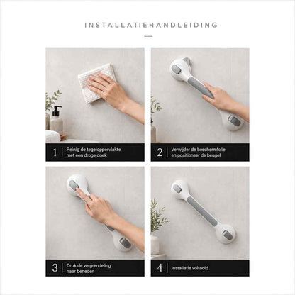 Four-step installation guide: wiping the tiles dry, positioning the bar, pressing down the locks, and the finished bar in place. 6
