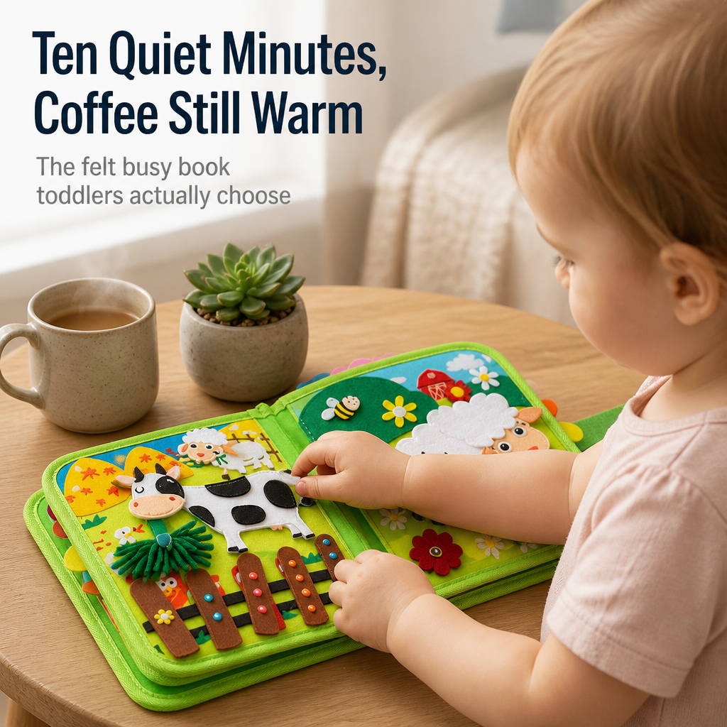 Toddler at a wooden table touching the felt cow and fence beads on the open meadow page, beside a mug and plant. 1