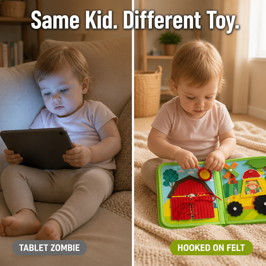 Split image: a toddler holding a tablet on a sofa beside the same toddler lacing the red felt barn on the floor. 2