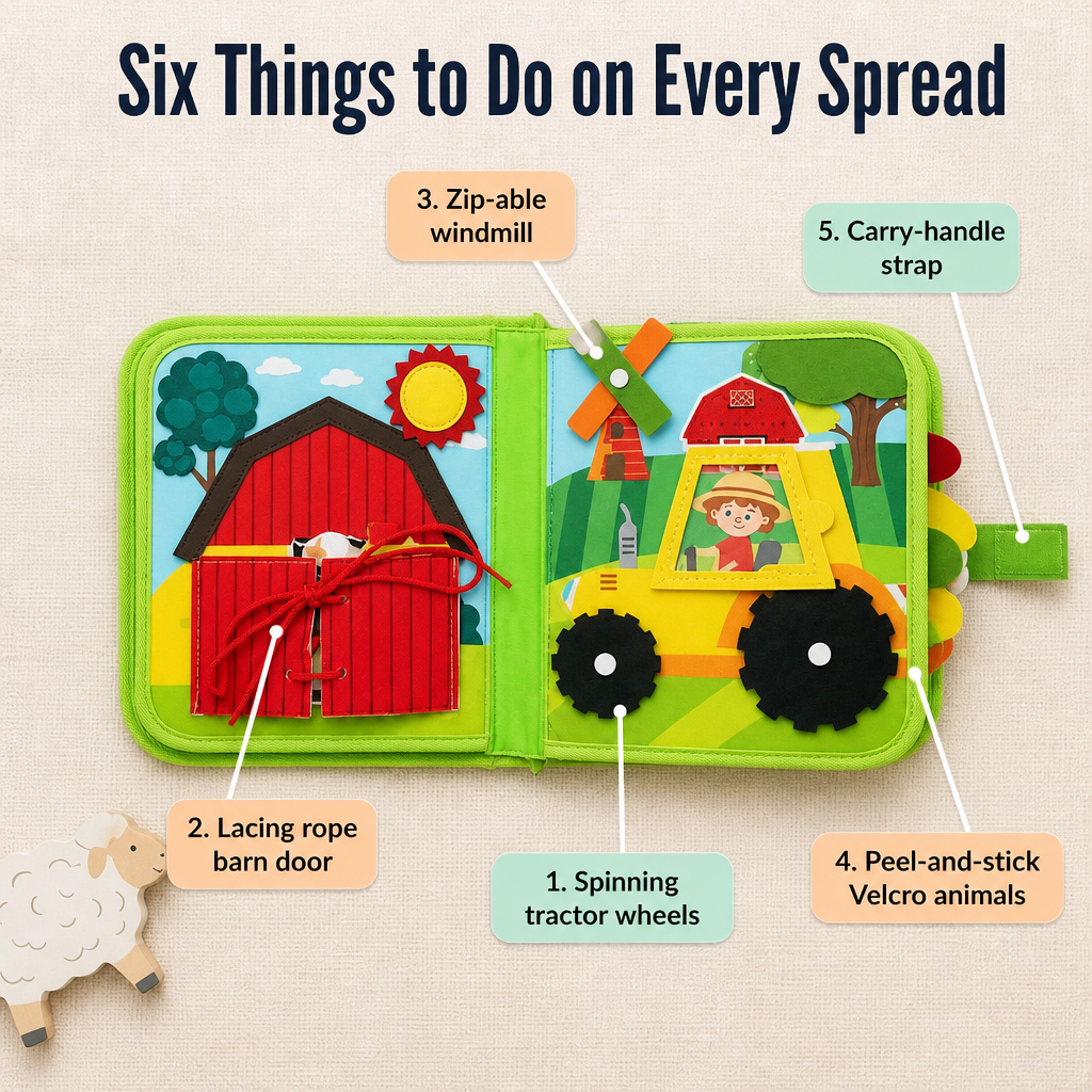 Open book flat on a cream surface showing the red barn with lacing, zip windmill, yellow tractor with spinning wheels, hook-and-loop animals and carry strap. 3