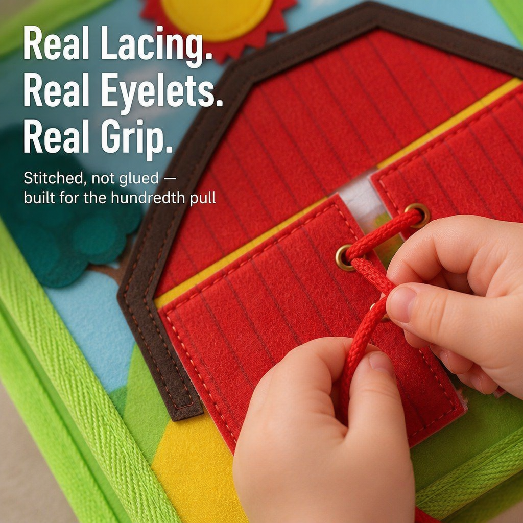 Close-up of a toddler's hands pulling red cord through the metal eyelets on the stitched felt barn doors. 4