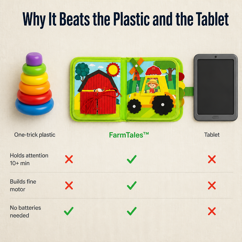 Comparison graphic with the open felt book in the middle, a stacking ring toy on the left and a tablet on the right. 6