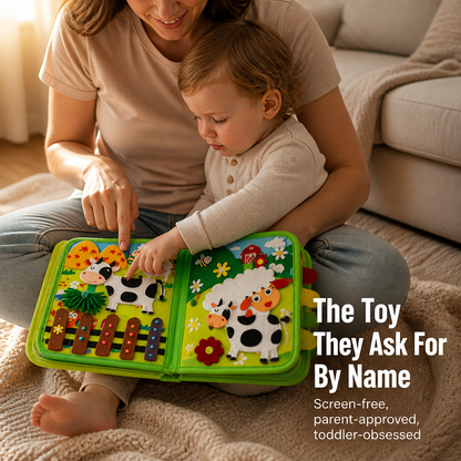 Parent and toddler sitting on a rug with the open book on their laps, the child pointing at the felt cow and sheep. 9