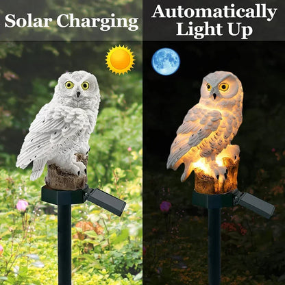 Side-by-side comparison of the owl light by day charging in sunshine and glowing automatically after dark. 5