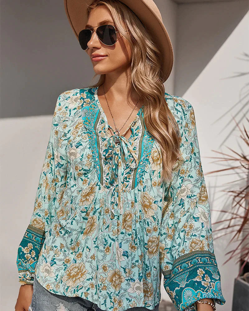 Vintage boho autumn blouse with floral print and long sleeves – Sana