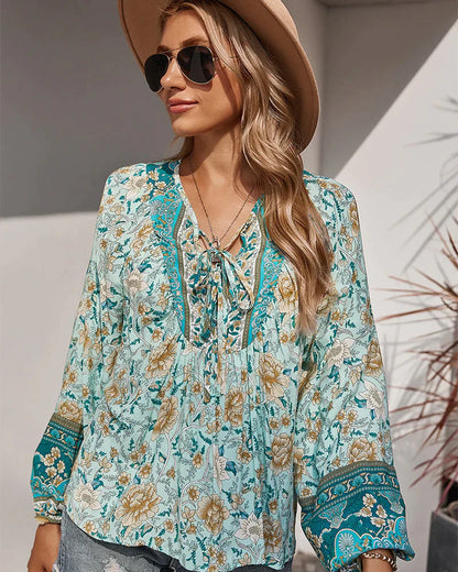 Vintage boho autumn blouse with floral print and long sleeves – Sana