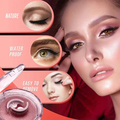 Collage of eye close-ups beside a made-up model, with the open lash case in the corner, highlighting a natural look and easy removal. 3