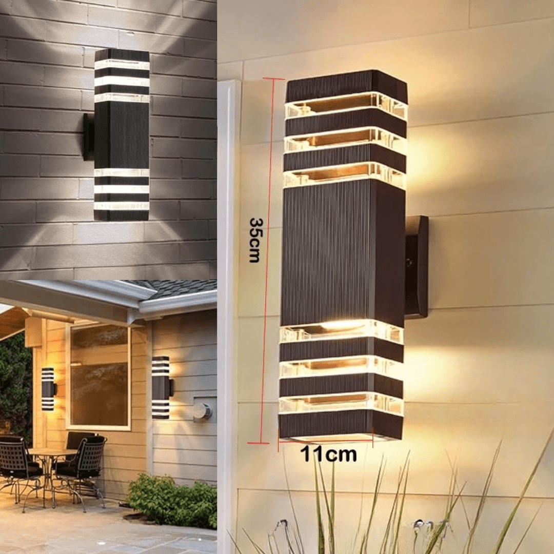 Tall square wall light with measurements marked on its height and width, plus smaller views on a brick wall and a house porch. 6