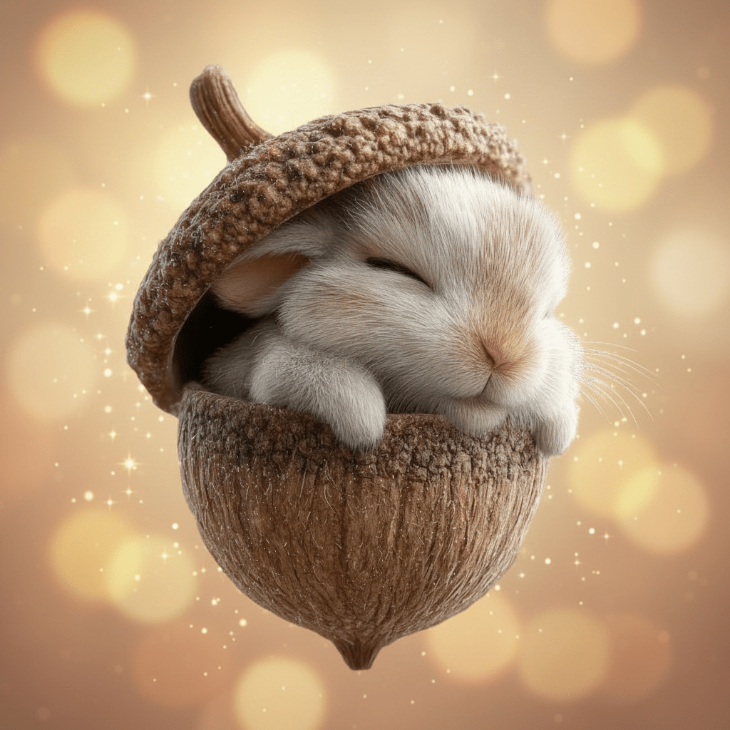 Sleeping white rabbit curled inside an acorn shell, set against a soft, sparkling golden glow 1