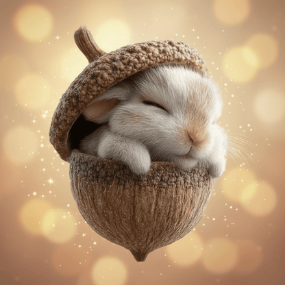 Sleeping white rabbit curled inside an acorn shell, set against a soft, sparkling golden glow 1