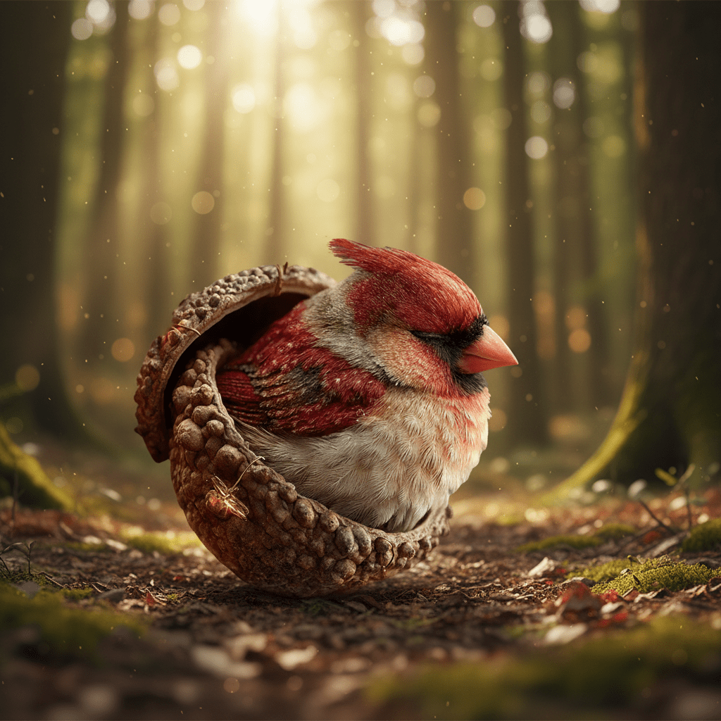 Red and cream cardinal tucked inside an opened acorn shell, resting on a mossy forest floor 2