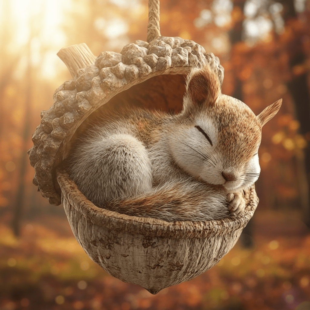 Sleeping squirrel curled in an acorn with a braided hanging loop, against autumn foliage 3