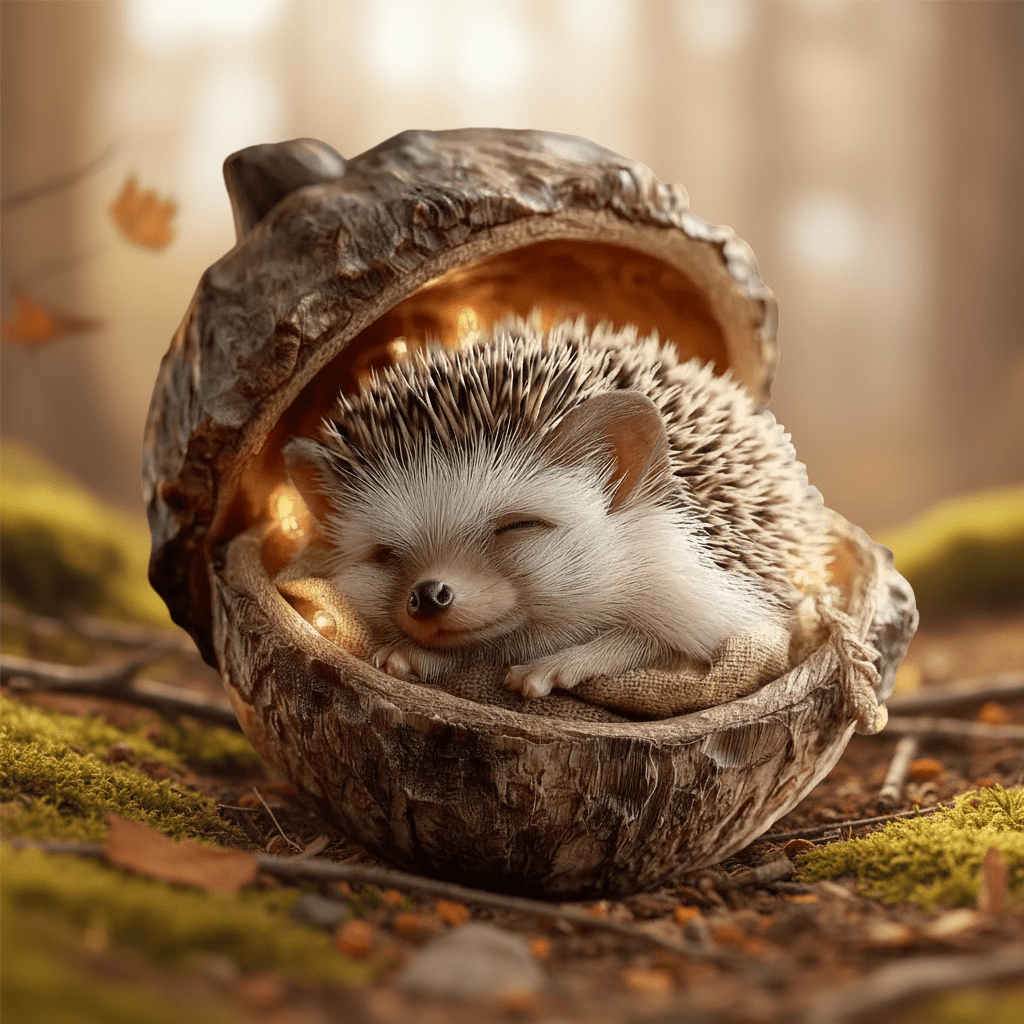 Sleeping hedgehog nestled on hessian inside a bark-textured acorn shell, on moss with fallen leaves 4