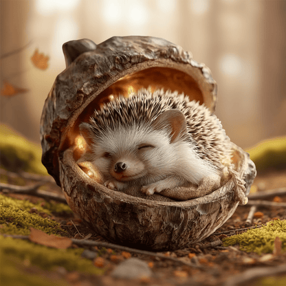 Sleeping hedgehog nestled on hessian inside a bark-textured acorn shell, on moss with fallen leaves 4