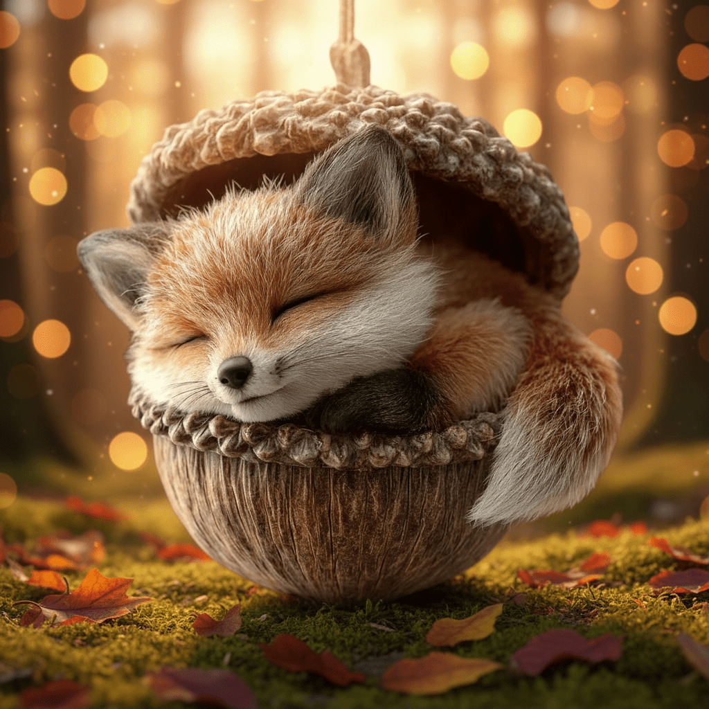 Sleeping fox with a bushy tail curled in an acorn on mossy ground with autumn leaves 5
