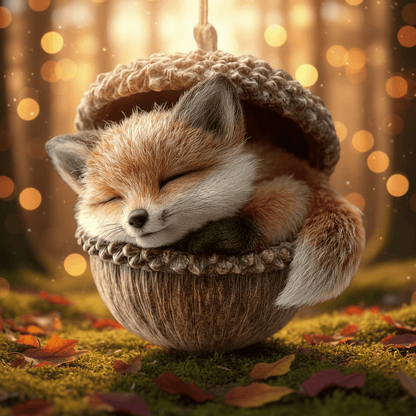 Sleeping fox with a bushy tail curled in an acorn on mossy ground with autumn leaves 5
