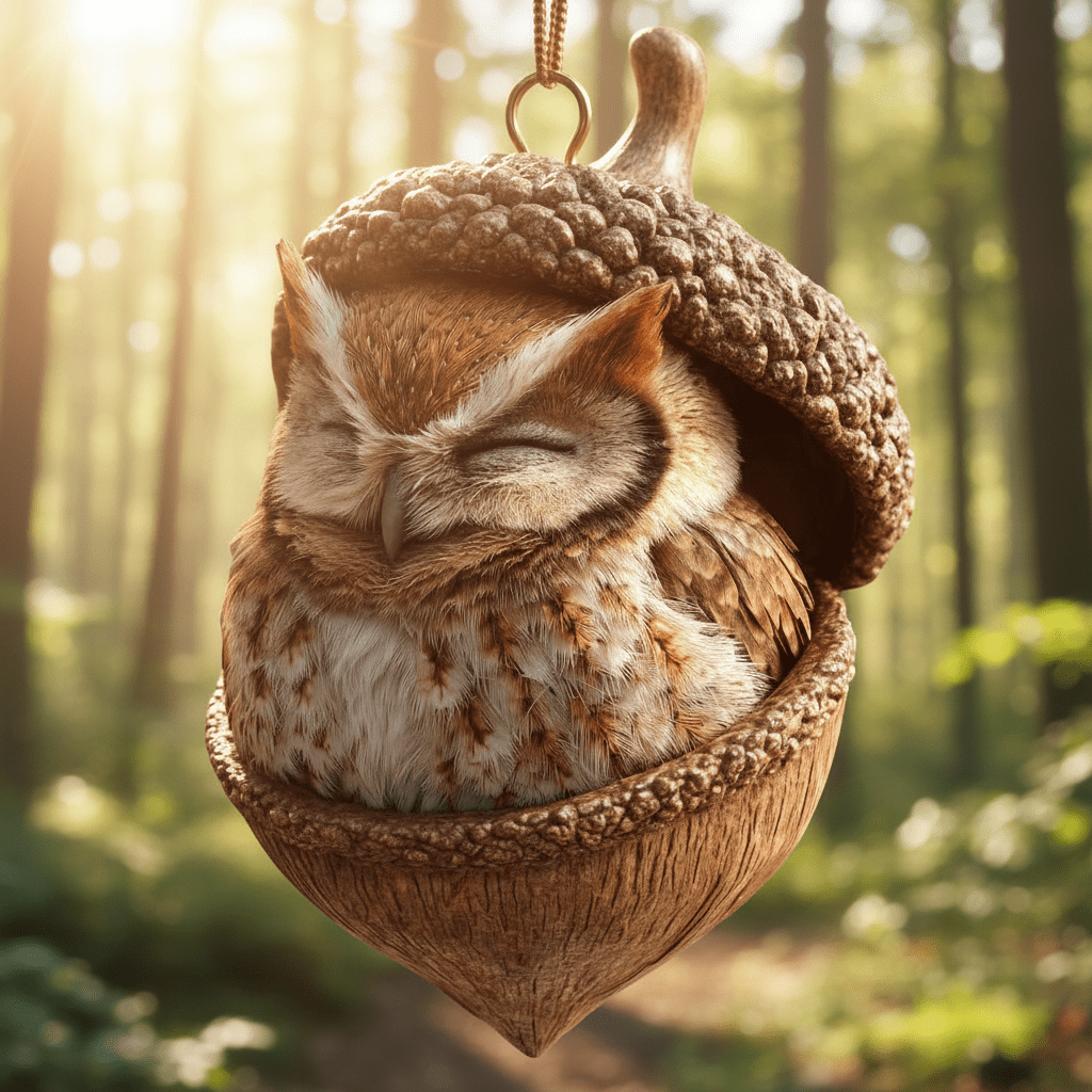 Sleeping owl in a hanging acorn with a gold hook and cord, in sunlit woodland 6