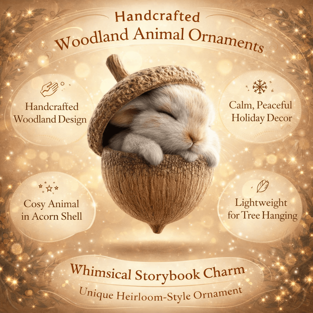 Rabbit-in-acorn ornament centred on a golden promotional graphic with short feature captions around it 7