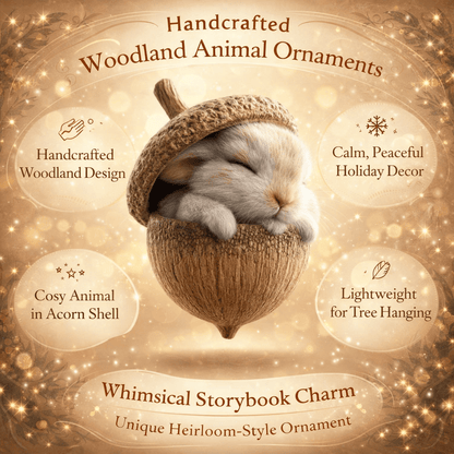 Rabbit-in-acorn ornament centred on a golden promotional graphic with short feature captions around it 7