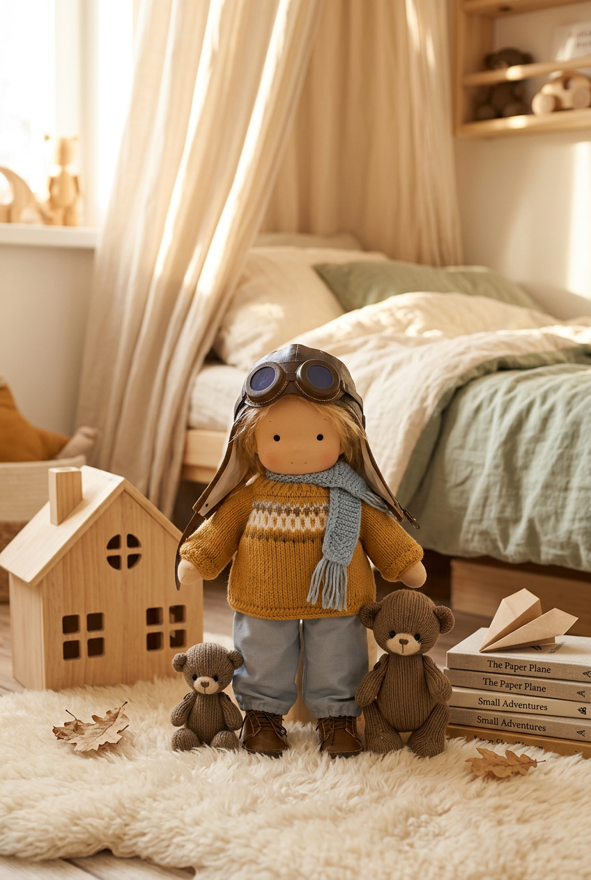Soft doll in aviator cap, goggles, mustard jumper and blue scarf standing beside two knitted teddies in a child's bedroom 1