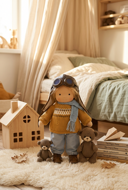Soft doll in aviator cap, goggles, mustard jumper and blue scarf standing beside two knitted teddies in a child's bedroom 1