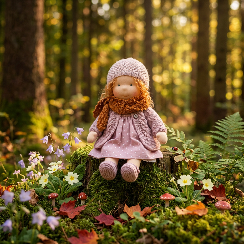 Doll with curly ginger hair in a pink knitted cardigan and spotted dress, sitting on a mossy stump 1